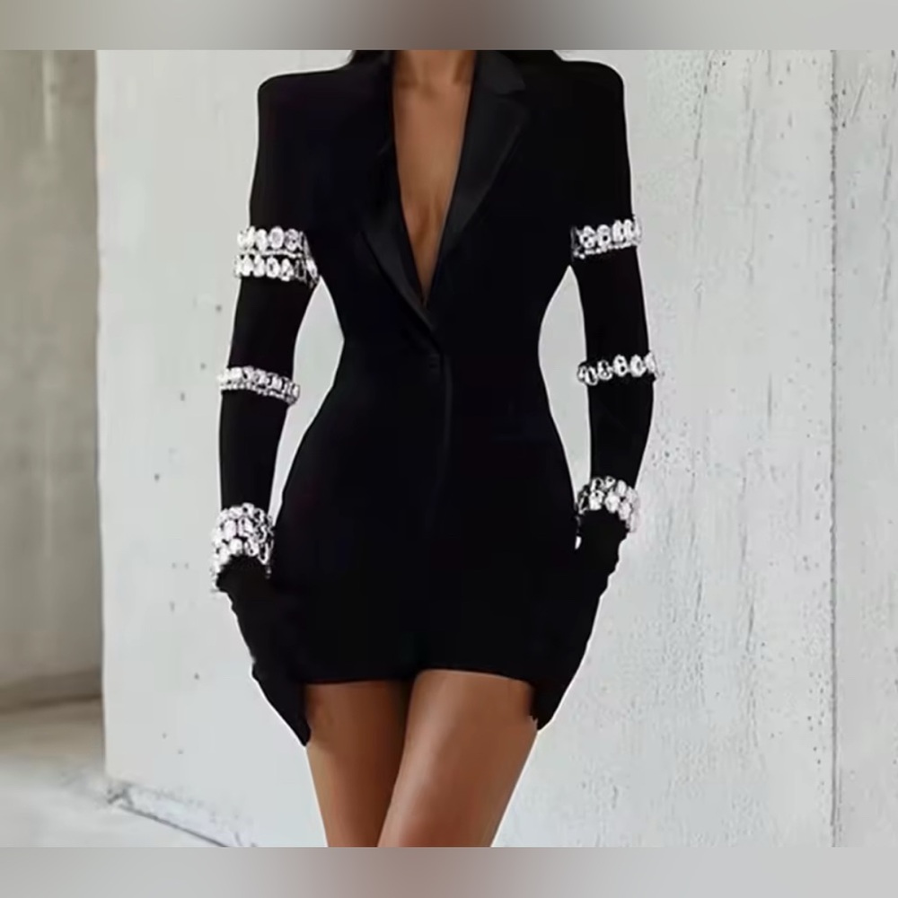 NEW Retail $189 Kelly K Crystal Black Blazer Dress with Crystal Accents